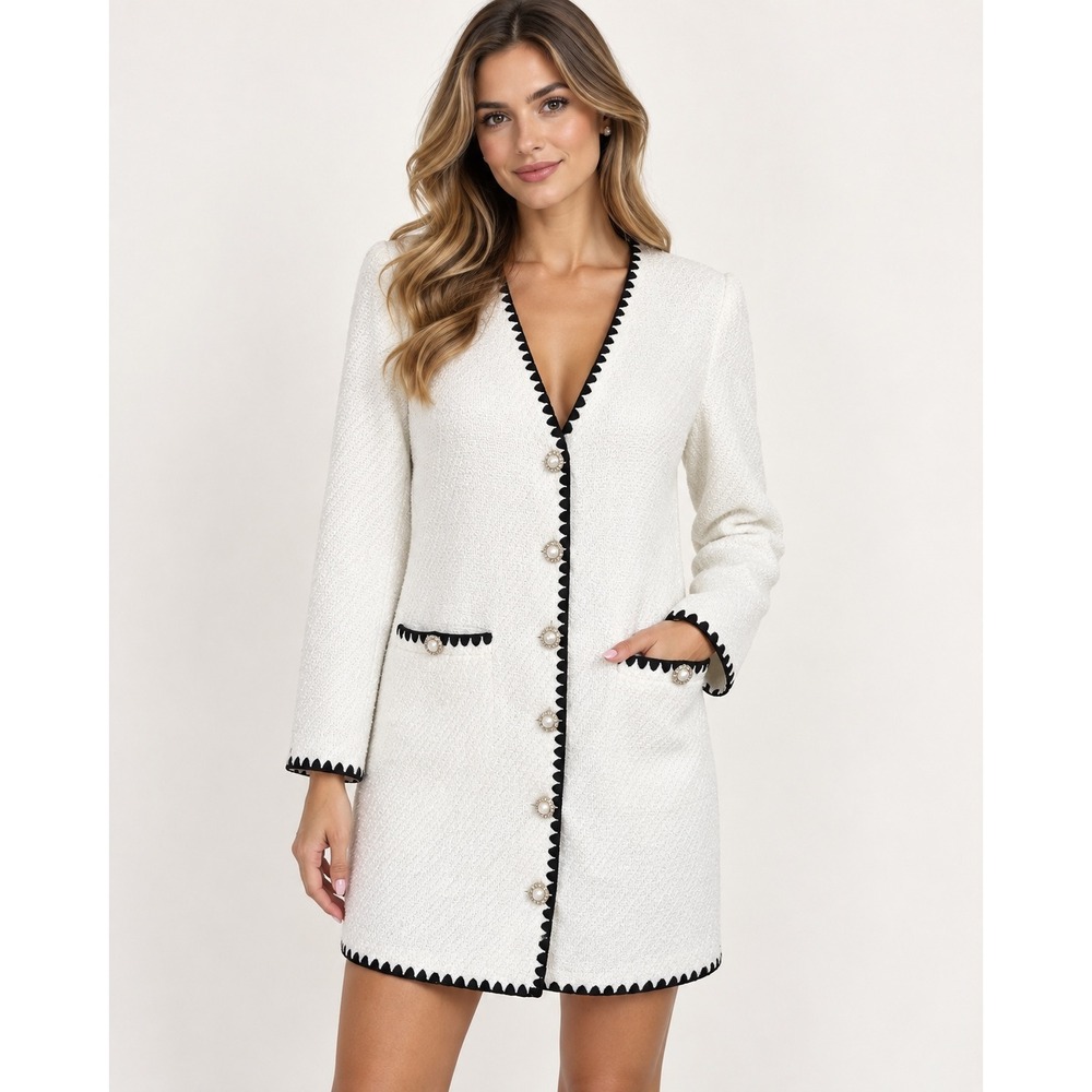 Alexia Admor Coat Dress Women 8 White Ric Rac Trim Pearl Button Tweed m